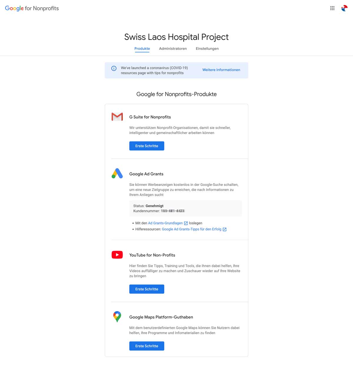 Dashboard in einem «Google for Nonprofits»-Konto