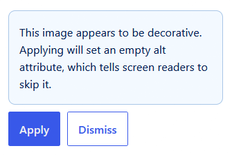 Screenshot aus dem WordPress Block Editor: Meldung «This image appears to be decorative. Applying will set an empty alt attribute, which tells screen readers to skip it.» mit den beiden Buttons «Apply» und «Dismiss».