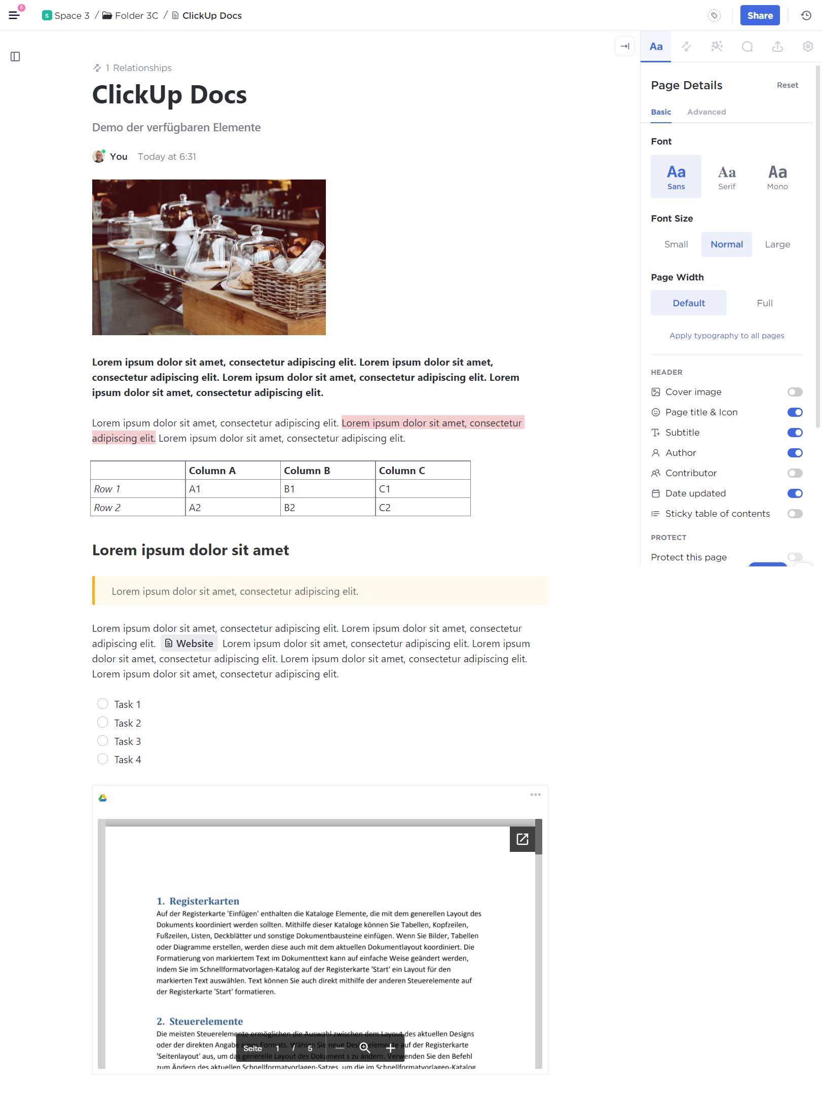 Beispielhaftes ClickUp Doc, das Inhaltselemente wie Bilder, Tabellen, Aufgabenlisten und eingebettete Dokumente zeigt