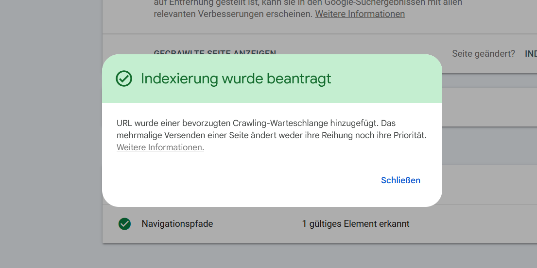Bestätigungsmeldung nach der Einreichung einer URL zur bevorzugten Indexierung