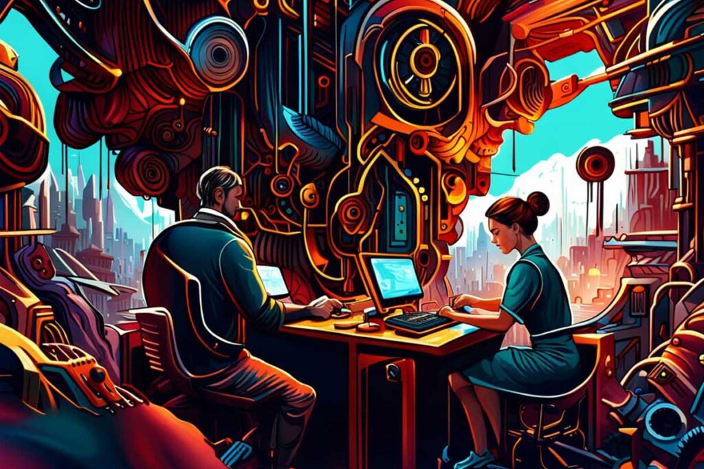 Illustration: Ein Mann und eine Frau arbeiten an einer riesigen Maschine