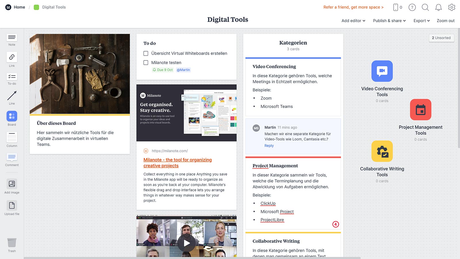 Screenshot von Milanote mit einem Board zum Thema «Digital Tools»
