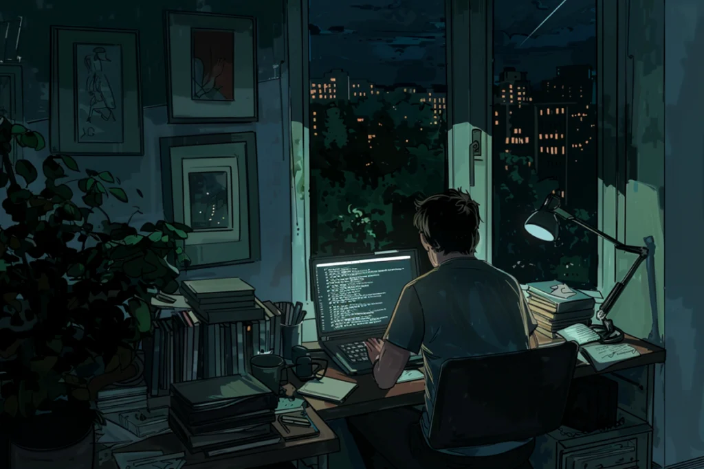 Ein Mann arbeitet nachts am Computer