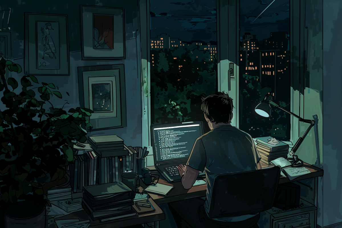 Ein Mann arbeitet nachts am Computer