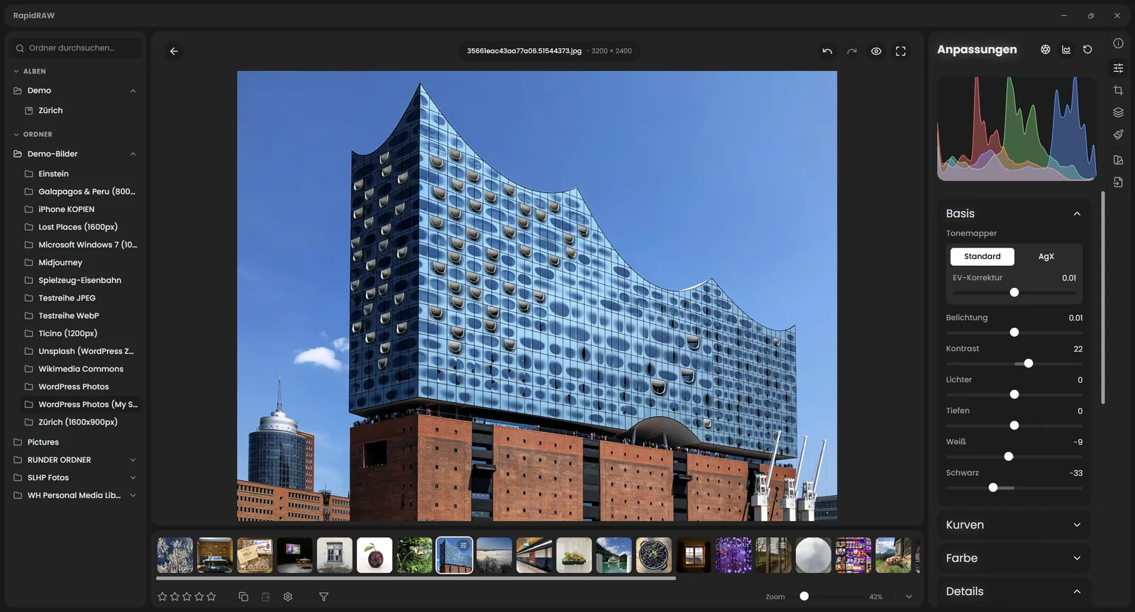 Bildbearbeitung in RapidRAW am Beispiel eines Fotos der Elbphilharmonie Hamburg