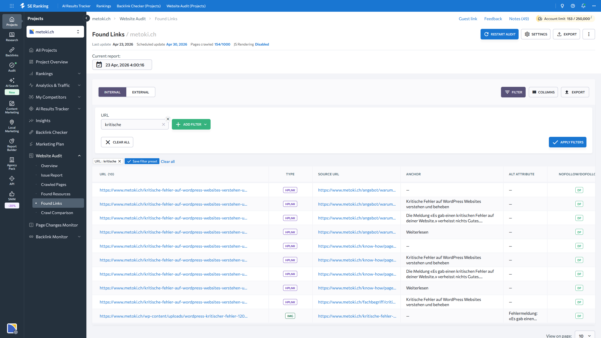 Bericht «Found Links» in SE Ranking