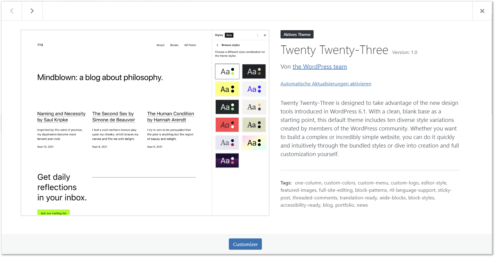 Vorschau des Twenty Twenty-Three Themes in WordPress 6.1