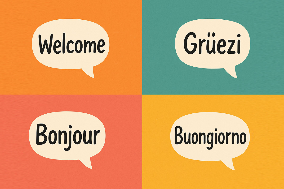 Sprechblasen mit den Wörtern «Welcome», «Grüezi», «Bonjour» und «Buongiorno»