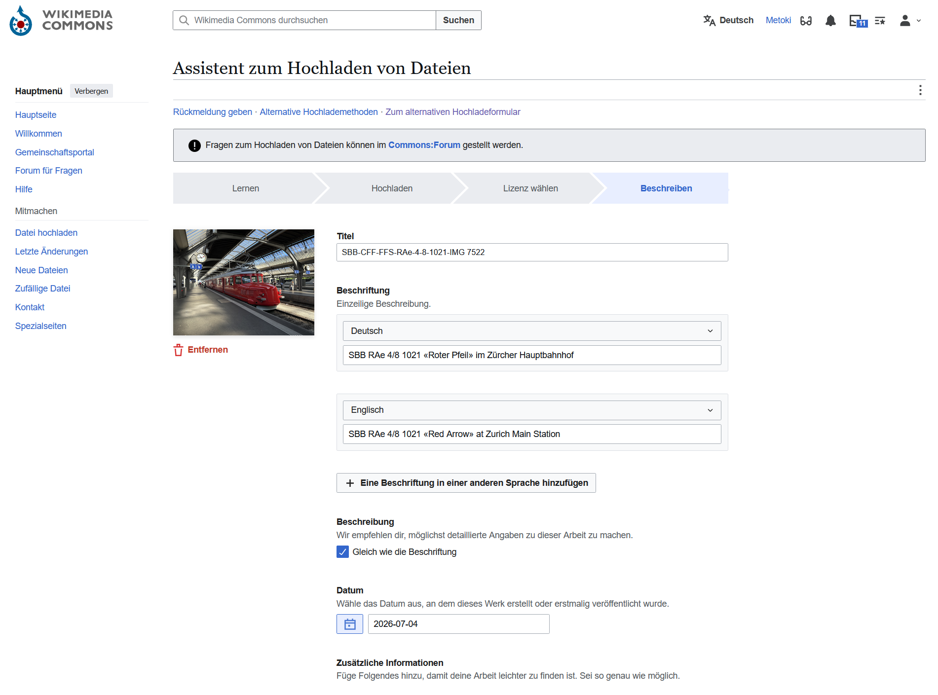 Der Assistent zum Hochladen von Dateien auf Wikimedia Commons