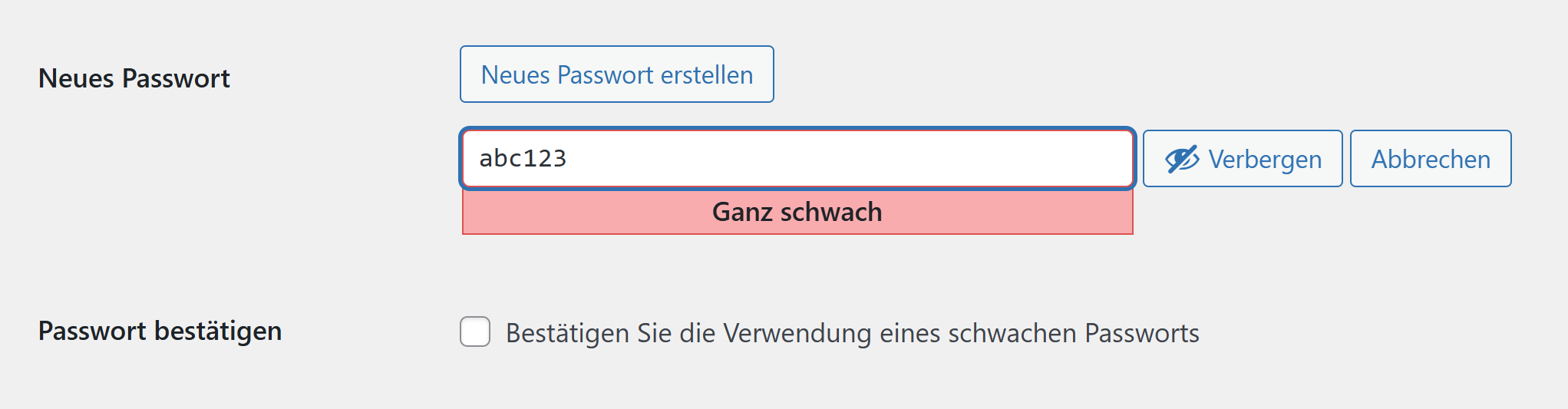 Anzeige für die Passwortstärke in WordPress