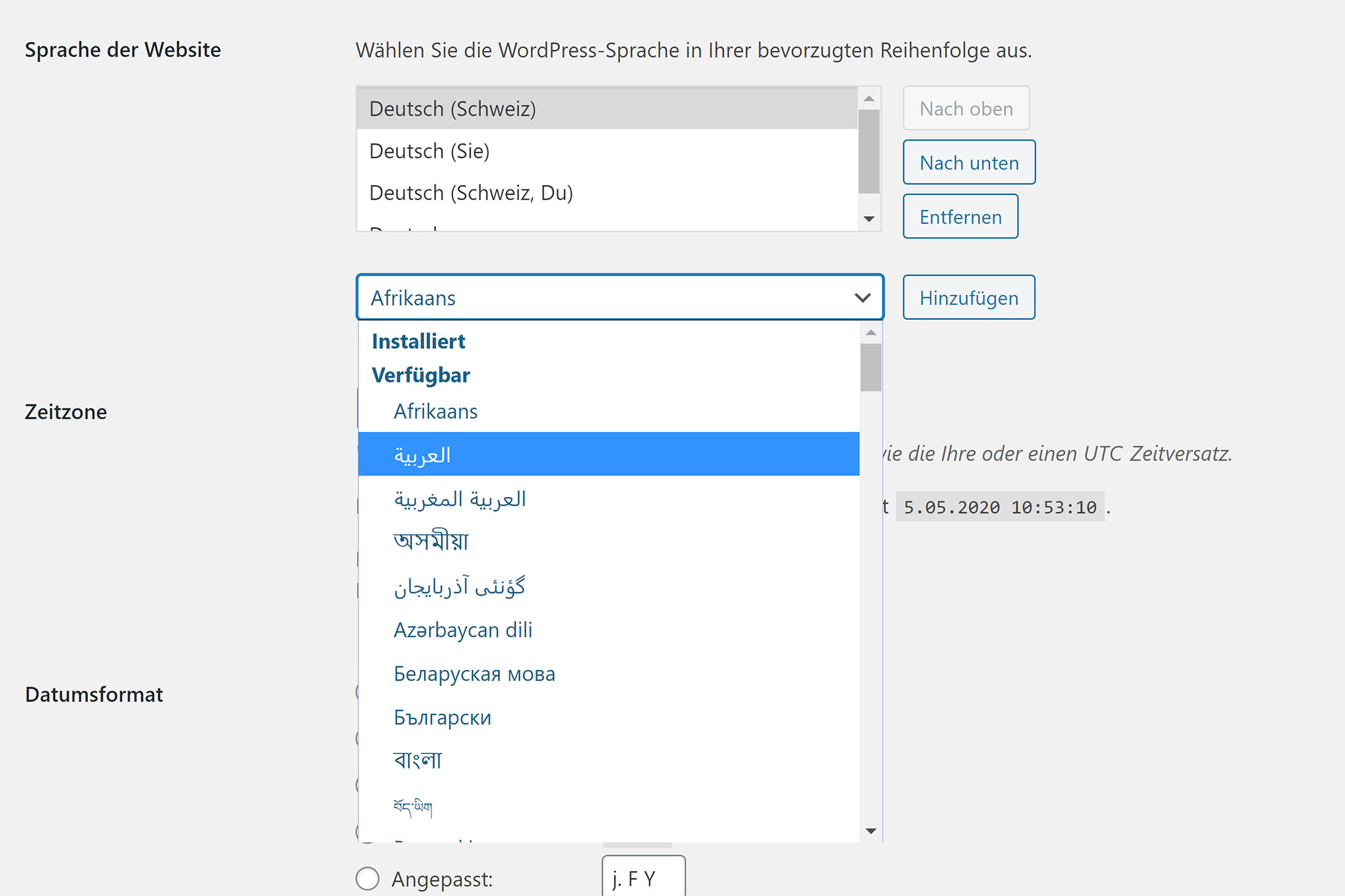 Auswahl der bevorzugten Sprachen im WordPress Backend