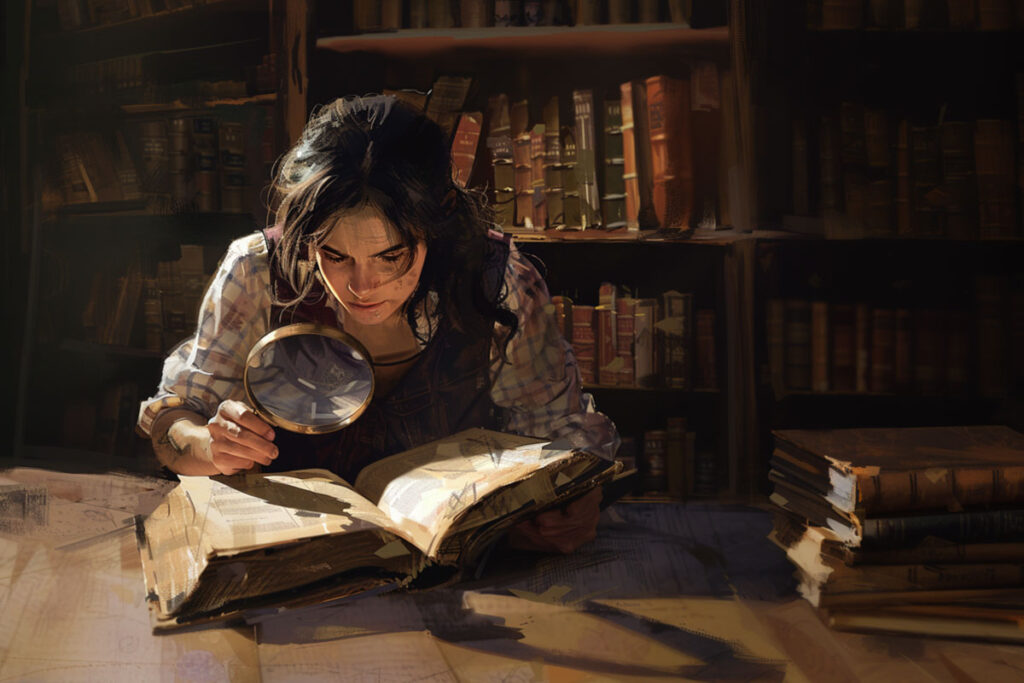 Eine junge Frau mit einer Lupe beugt sich über ein grosses Buch